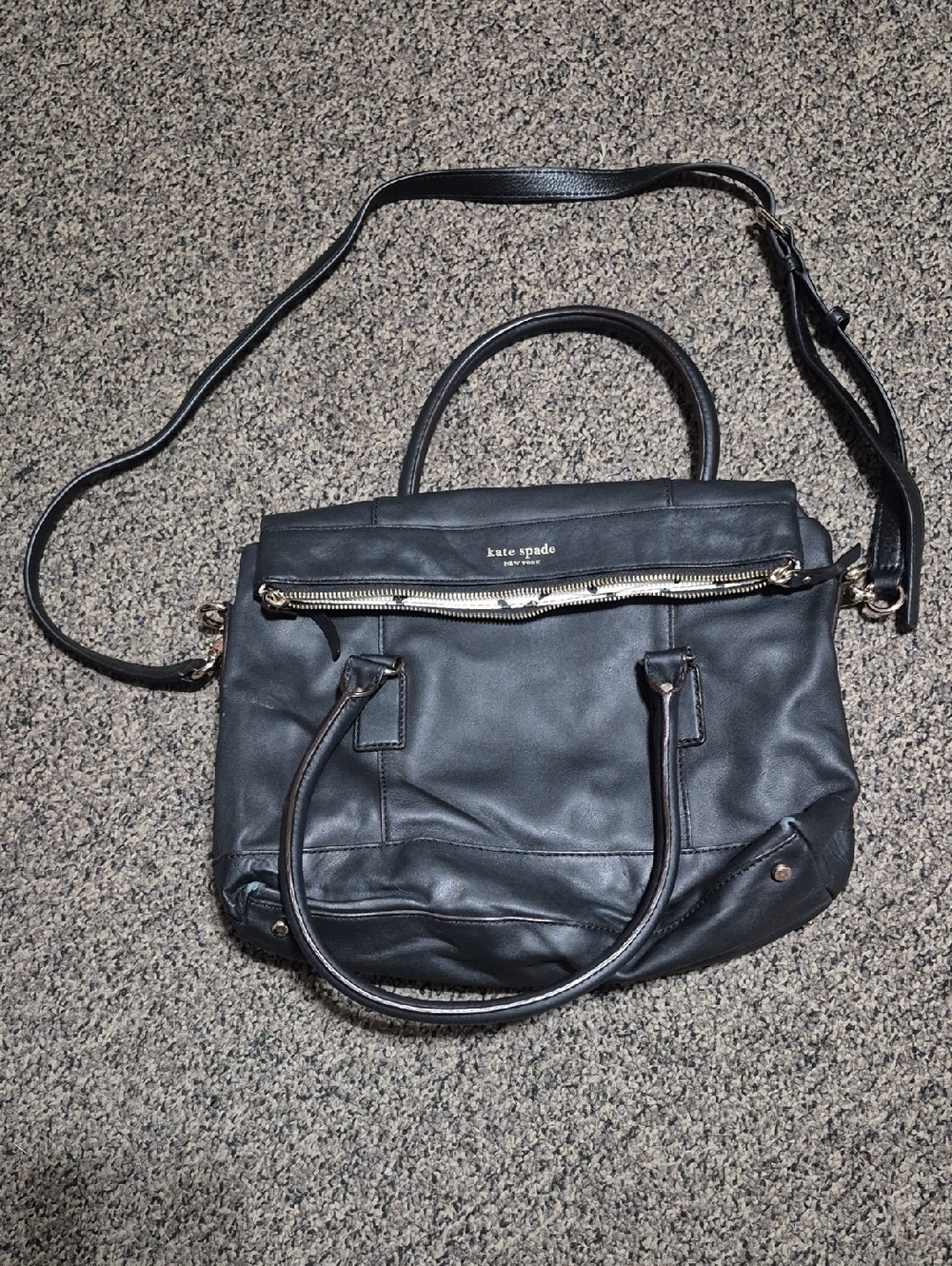kate spade black leather satchel with gold hardware and removable strap
